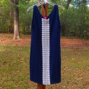 EUC Nina Leonard Navy and Crochet Dress